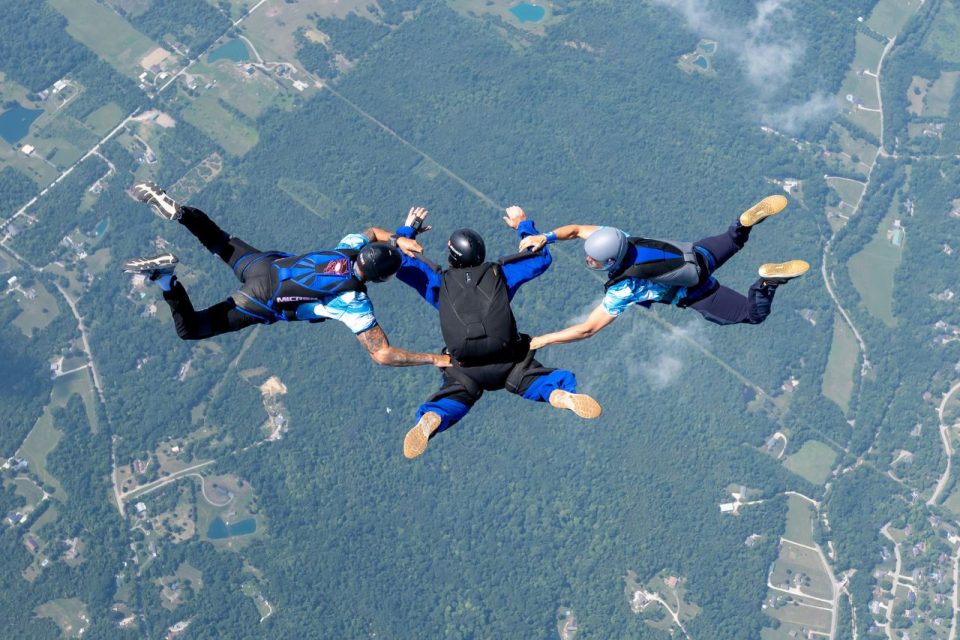 Accelerated Freefall Student with an AFF Instructor on either side to maintain stability in freefall